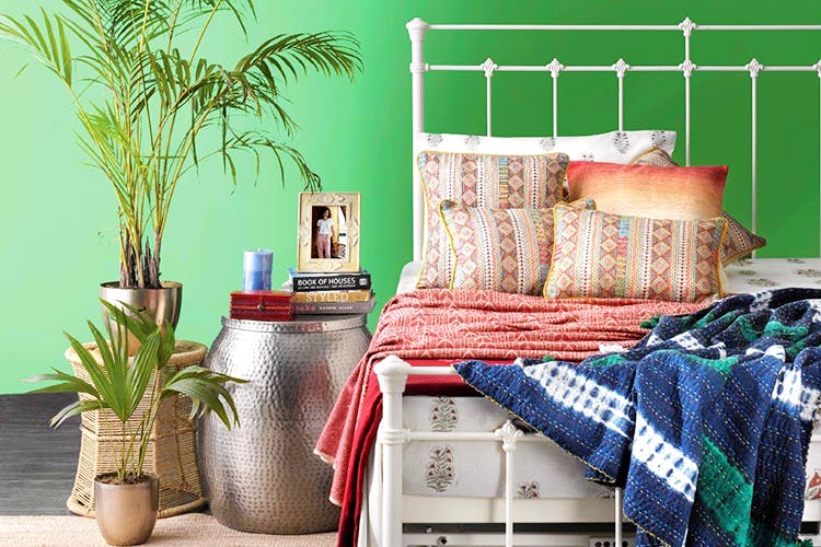 Room,Green,Furniture,Bedroom,Bed sheet,Bedding,Wall,Interior design,Linens,Textile