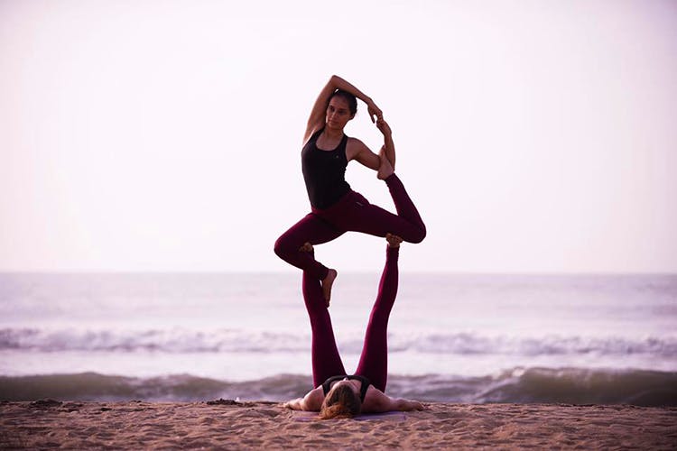 Photograph,Red,Beauty,Physical fitness,Standing,Sky,Leg,Sea,Photography,Yoga