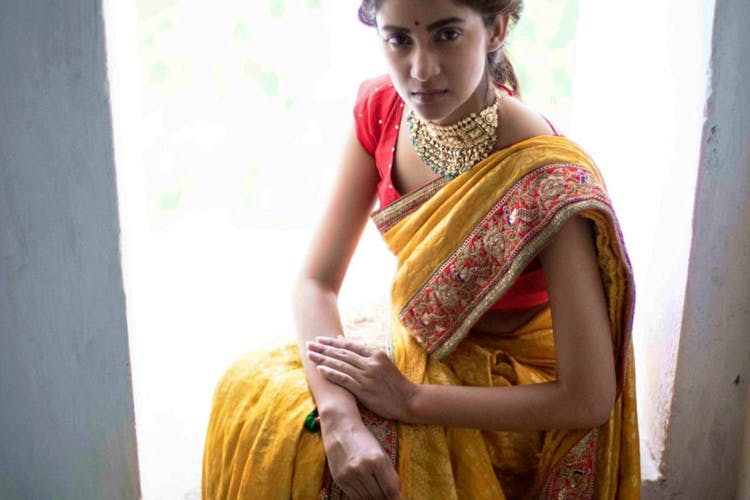 Sari,Yellow,Clothing,Maroon,Textile,Photography,Neck,Photo shoot,Trunk,Blouse