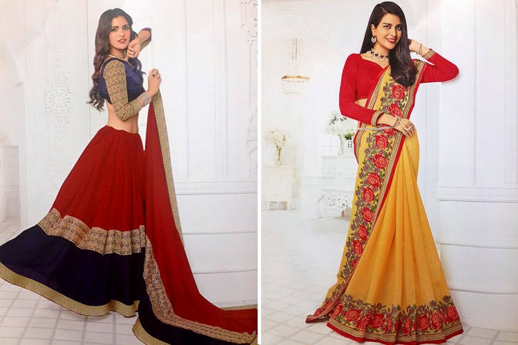 Clothing,Sari,Formal wear,Red,Dress,Yellow,Maroon,Orange,Fashion design,Fashion