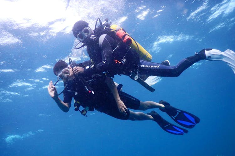 Scuba diving,Underwater diving,Divemaster,Underwater,Recreation,Dry suit,Extreme sport,Water,Diving equipment,Sports