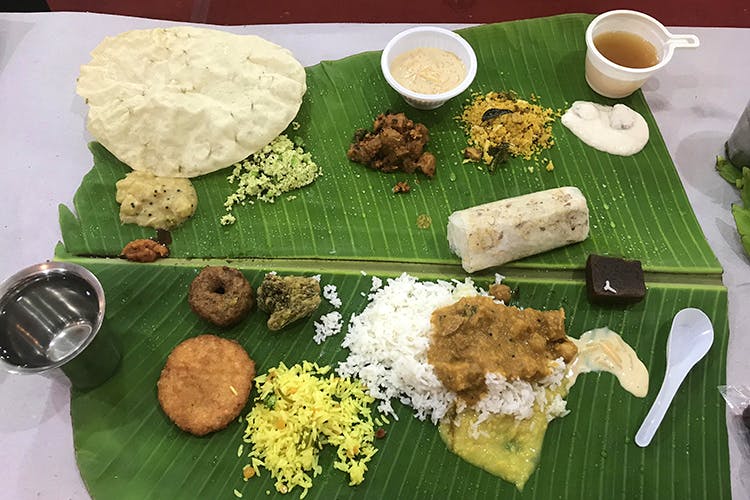 Dish,Food,Cuisine,Sadya,Banana leaf rice,Andhra food,Ingredient,Tamil food,Rice,Banana leaf
