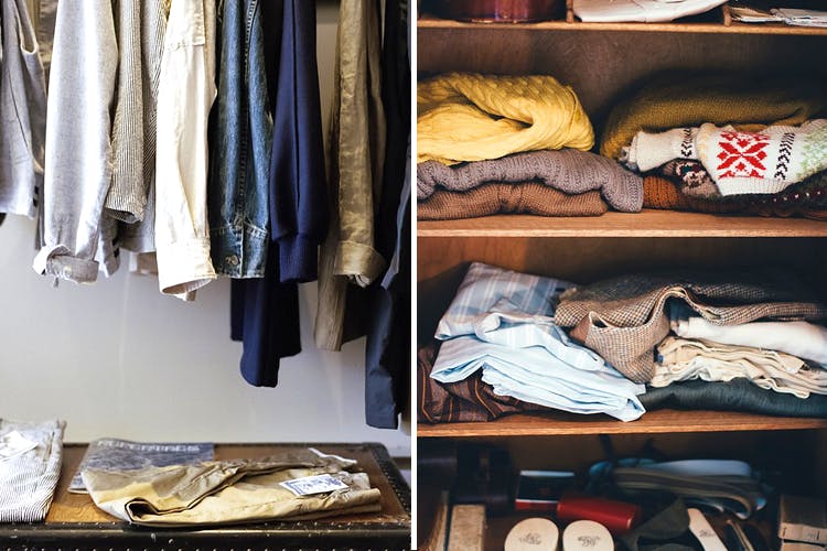Closet,Room,Wardrobe,Clothes hanger,Furniture,Shelf,Textile,Leather,Wood,Shoe