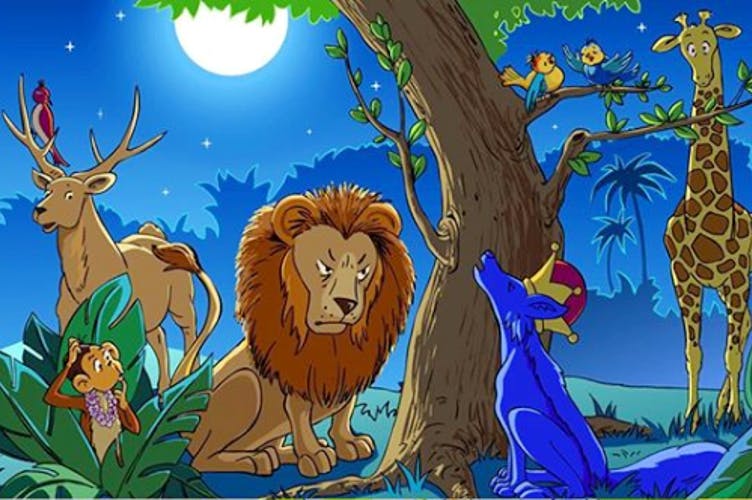 Animated cartoon,Wildlife,Cartoon,Jungle,Lion,Illustration,Organism,Terrestrial animal,Art,Tree