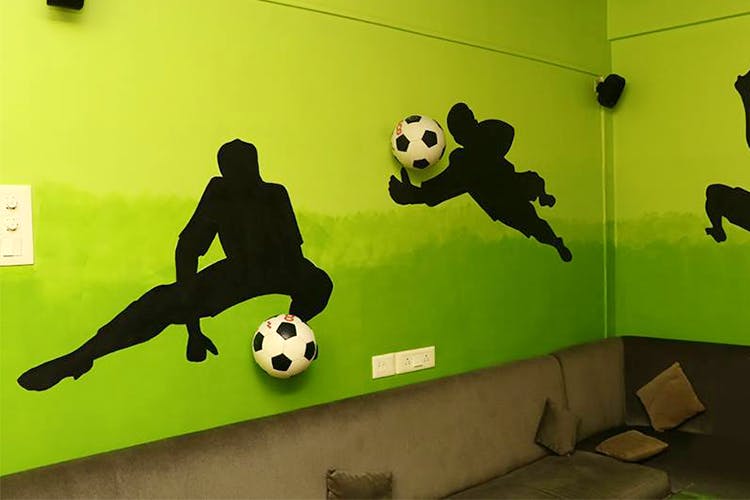 Panda,Football,Soccer ball,Ball,Football player,Player,Bear,Soccer kick,Room,Art