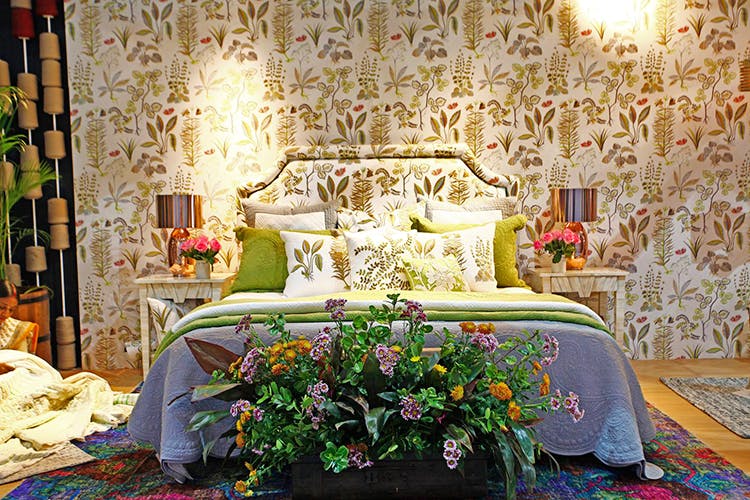 Room,Bed,Bedroom,Interior design,Wall,Furniture,Floral design,Decoration,Wallpaper,Textile