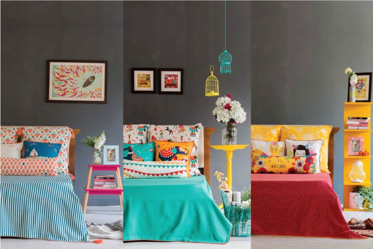 Room,Green,Furniture,Turquoise,Orange,Decoration,Yellow,Teal,Bed sheet,Interior design