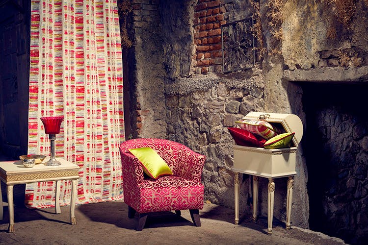 Red,Room,Furniture,Chair,Interior design,Wall,Wallpaper,Table,Textile,Curtain