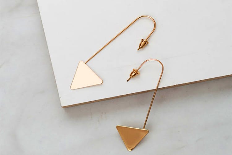 Earrings,Jewellery,Fashion accessory,Triangle,Rectangle,Copper,Metal