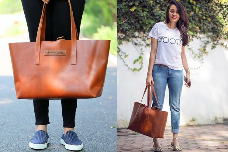 Clothing,Street fashion,Jeans,Leather,Bag,Brown,Handbag,Orange,Fashion,Footwear