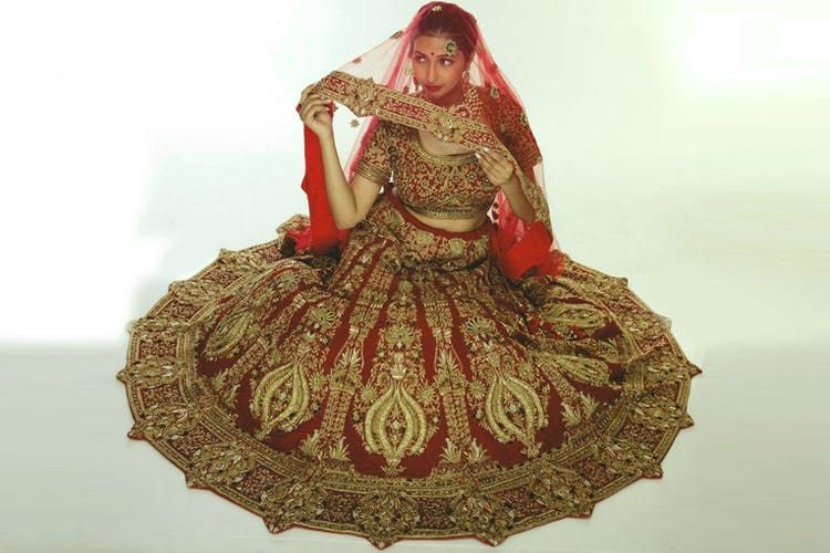 Red,Clothing,Dress,Maroon,Bride,Pattern,Formal wear,Wedding dress,Orange,Tradition