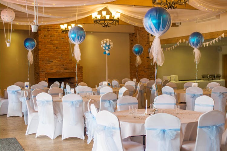Decoration,Function hall,Wedding banquet,Blue,Balloon,Party,Turquoise,Event,Lighting,Banquet