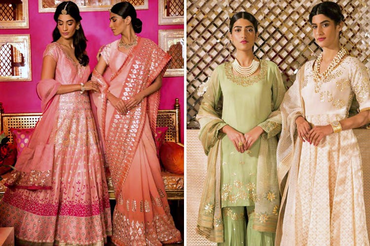 Clothing,Sari,Pink,Peach,Dress,Formal wear,Fashion,Fashion design,Textile,Event