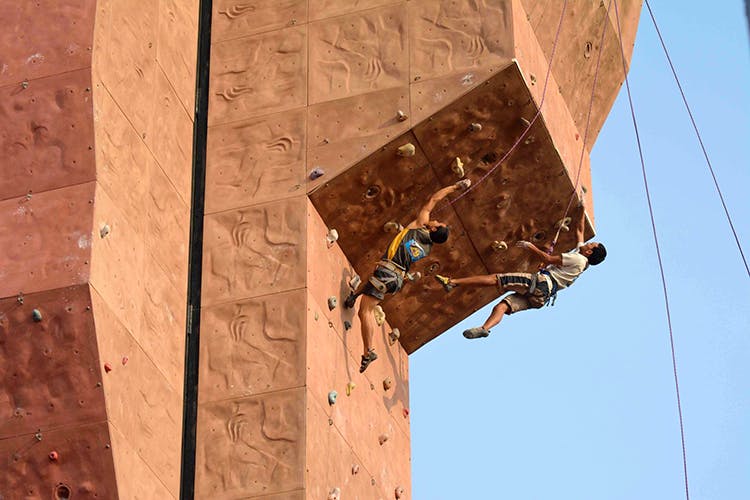 Sport climbing,Climbing,Adventure,Abseiling,Wall,Rock climbing,Recreation,Wood,Climbing harness,Extreme sport