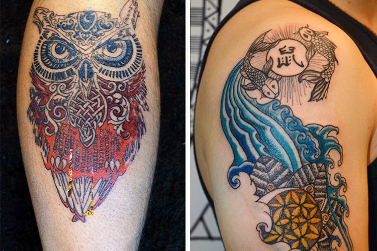 Tattoo,Shoulder,Arm,Owl,Human leg,Leg,Joint,Muscle,Human body,Flesh