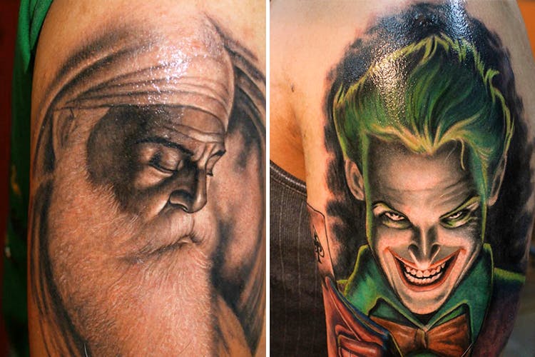 Tattoo,Arm,Tattoo artist,Forehead,Fictional character,Human,Supervillain,Art,Joker,Flesh