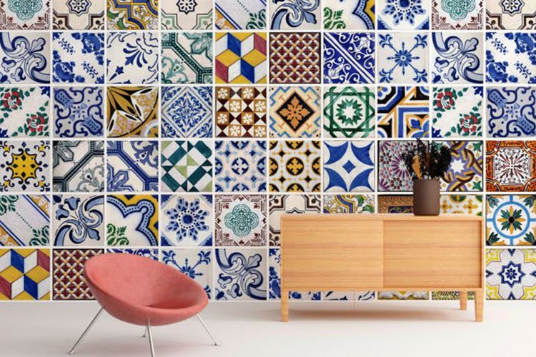 Tile,Wall,Wallpaper,Blue,Interior design,Pattern,Room,Living room,Mosaic,Floor