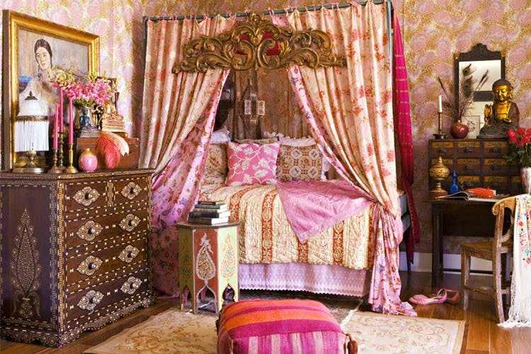 Furniture,Decoration,Bed,Room,Bedroom,Pink,Canopy bed,Interior design,Curtain,Bed sheet