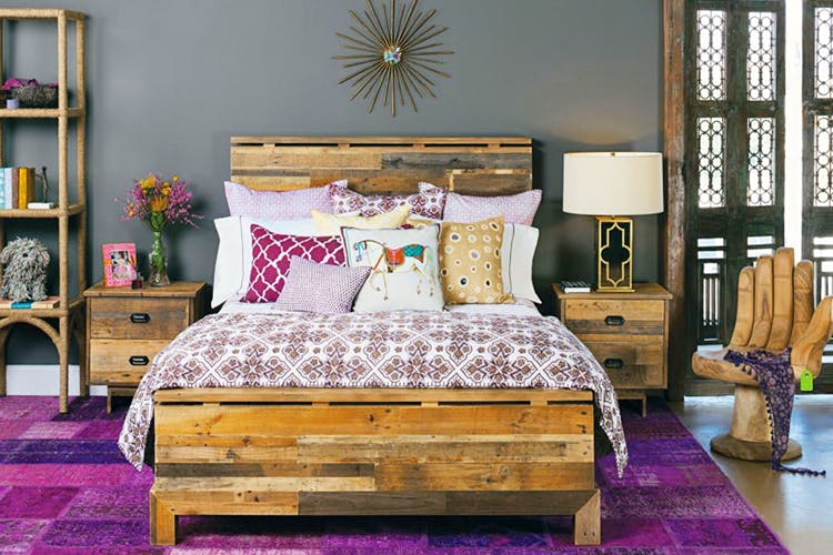 Bedroom,Furniture,Bed,Room,Bed sheet,Bed frame,Interior design,Purple,Bedding,Nightstand