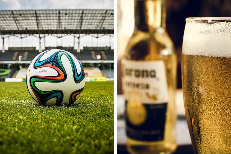 Soccer ball,Ball,Drink,Beer,Grass,Alcoholic beverage,Alcohol,Bottle,Glass bottle,Games