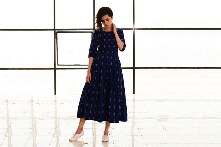 Shivaradhya Designers Women Fit and Flare Dark Blue Dress - Buy Shivaradhya  Designers Women Fit and Flare Dark Blue Dress Online at Best Prices in  India | Flipkart.com