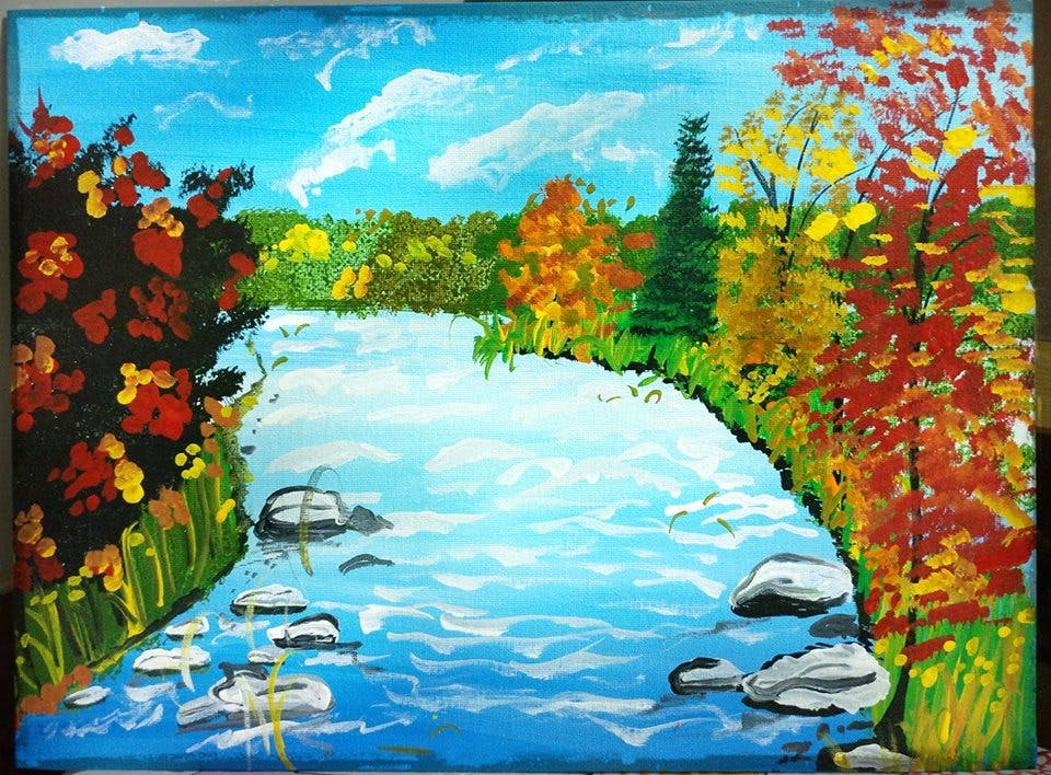 Painting,Nature,Acrylic paint,Natural landscape,Watercolor paint,Tree,Art,Modern art,Leaf,River