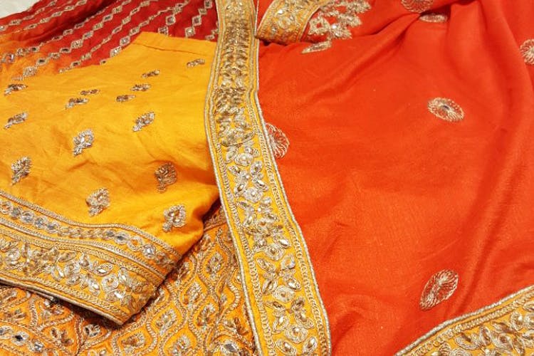 Orange,Clothing,Yellow,Sari,Peach,Silk,Motif,Pattern,Textile,Blouse