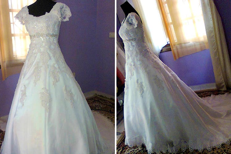 Gown,Wedding dress,Dress,Clothing,Shoulder,Bridal clothing,Bridal party dress,Bridal accessory,Bride,A-line