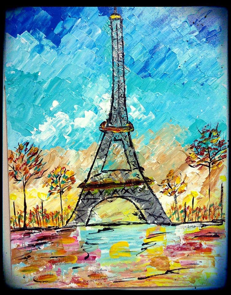 Painting,Watercolor paint,Modern art,Landmark,Acrylic paint,Sky,Tower,Art,Paint,Visual arts