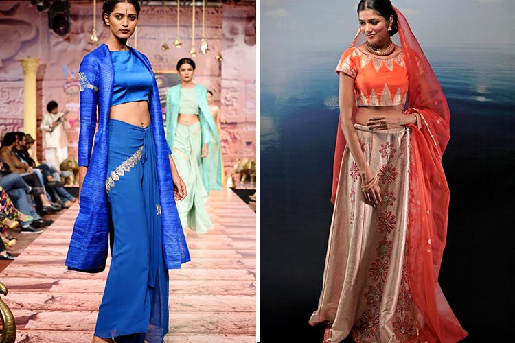 Sari,Clothing,Fashion model,Blue,Fashion,Formal wear,Dress,Fashion design,Pink,Haute couture
