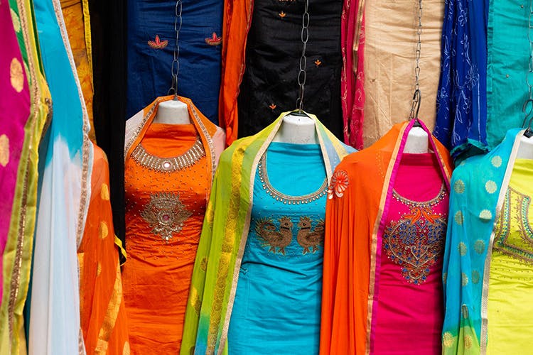 Clothing,Blue,Orange,Yellow,Textile,Sari,Outerwear,Electric blue,Boutique,Silk