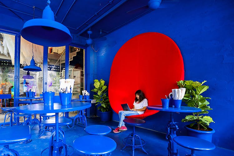 Blue,Majorelle blue,Interior design,Restaurant,Table,Building,Architecture,Leisure