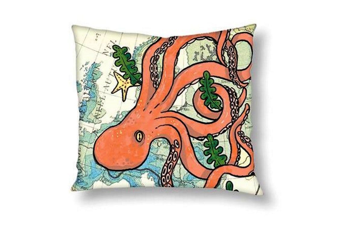 Octopus,Illustration,Cephalopod,Textile,Throw pillow,Pillow,Marine invertebrates,Visual arts,Art,Cushion