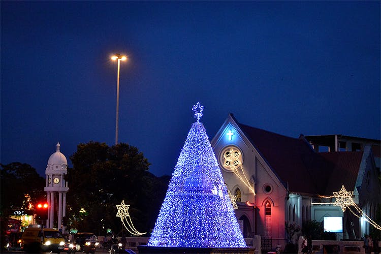 Blue,Christmas,Tree,Christmas decoration,Landmark,Christmas tree,Light,Lighting,Sky,Night