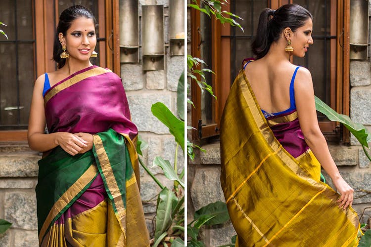 Clothing,Sari,Yellow,Purple,Green,Silk,Fashion,Formal wear,Textile,Dress