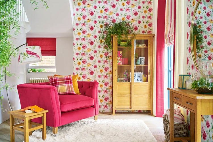 Pink,Furniture,Room,Interior design,Living room,Curtain,Property,Wallpaper,House,Magenta