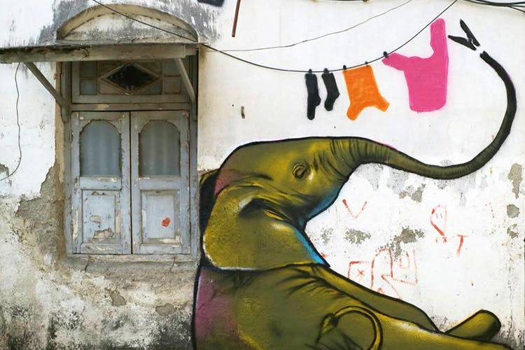 Street art,Wall,Art,Graffiti,Mural,Visual arts,Illustration,Elephant,Facade,Elephants and Mammoths