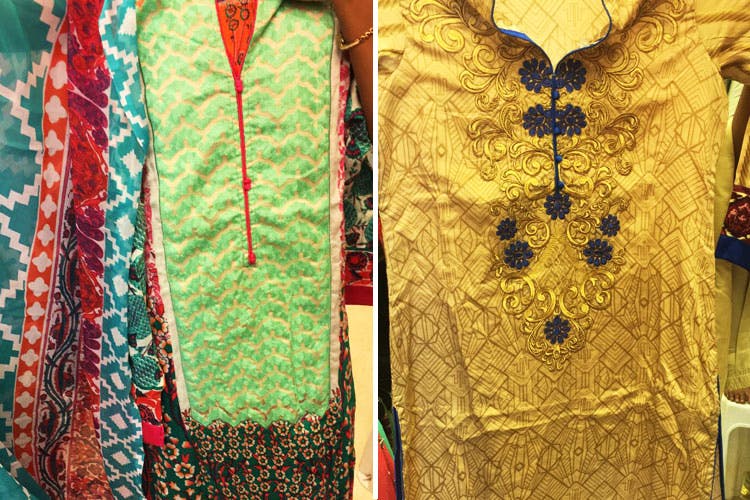 Clothing,Green,Yellow,Textile,Embroidery,Formal wear,Silk,Magenta,Fashion design,Peach