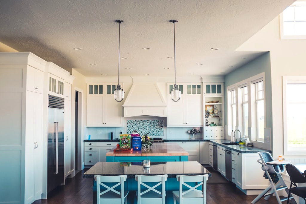 Room,Ceiling,Interior design,Furniture,Building,Property,Kitchen,House,Turquoise,Home